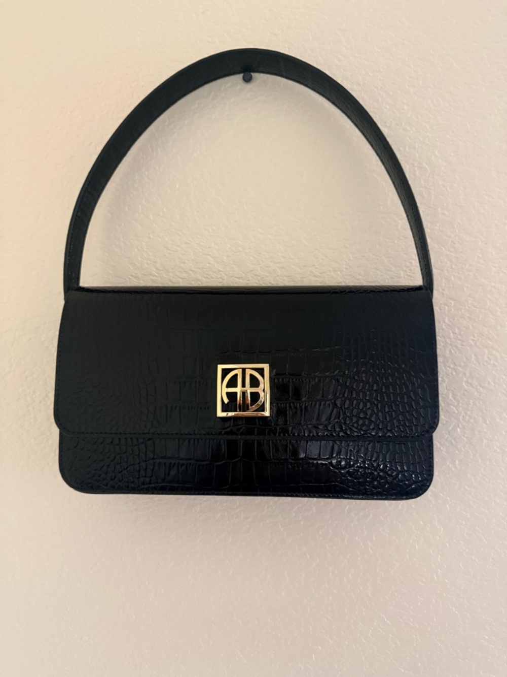Anine Bing Black Croc-Embossed Shoulder Bag with Gold Logo